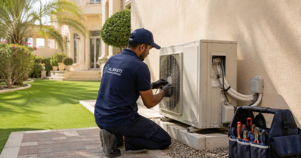 AC technician servicing outdoor condenser unit at Jumeirah Park villa Dubai
