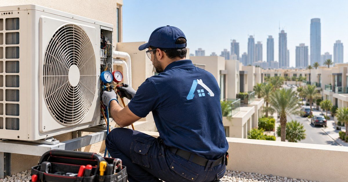 AC technician servicing outdoor condenser unit at JVC Dubai townhouse