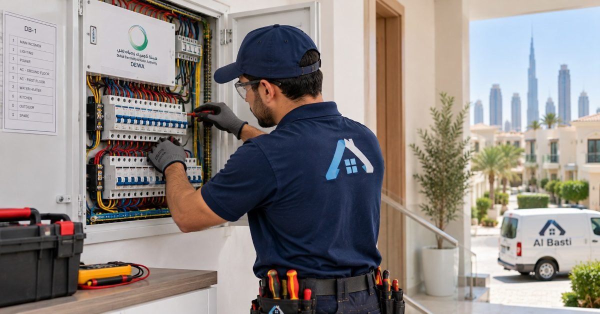 DEWA-licensed Al Basti electrician at JVC Dubai townhouse electrical installation