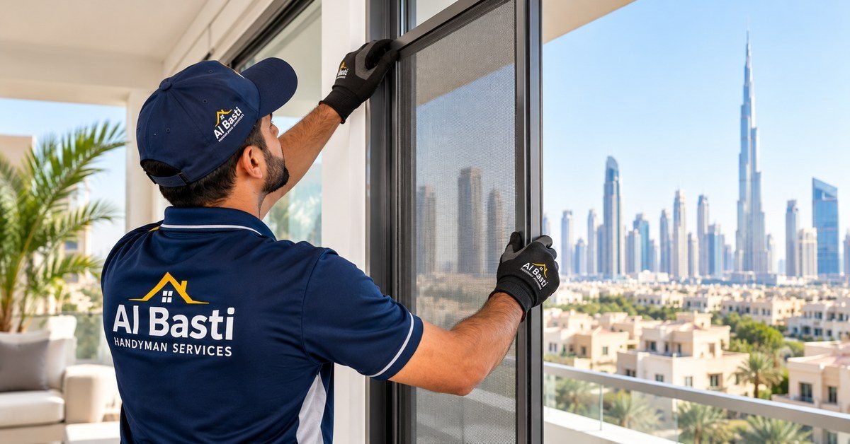 Al Basti technician fitting flyscreen on villa window in Dubai