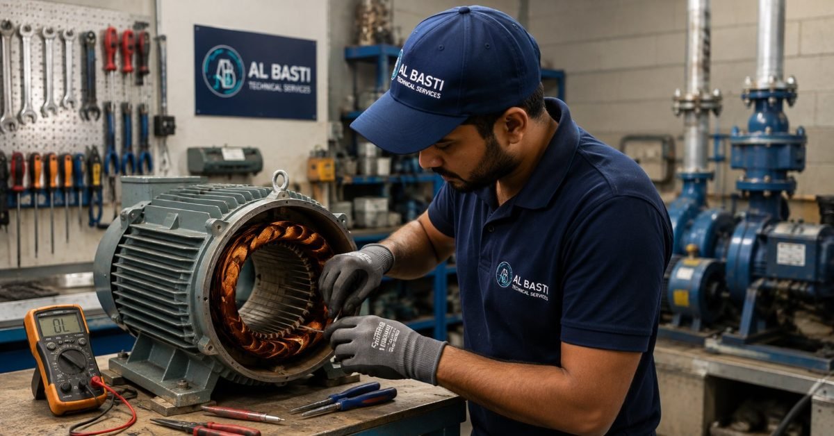 Al Basti technician rewinding booster pump motor for The Meadows Dubai villa