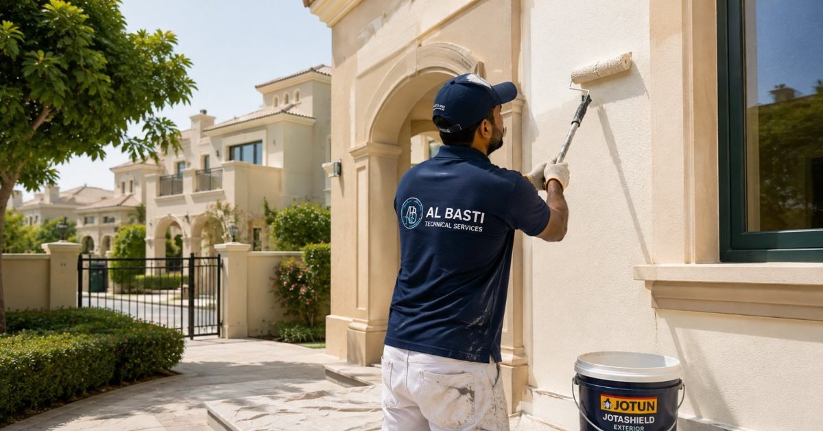 Professional painter painting exterior facade of Arabian Ranches villa Dubai