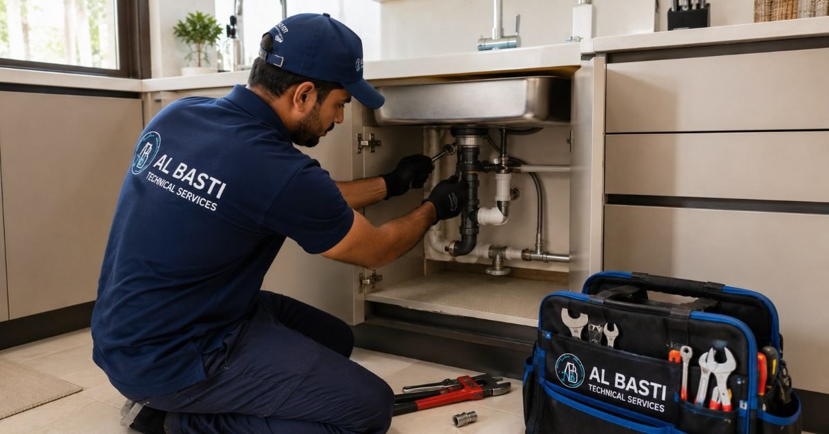 Licensed plumber repairing pipe at Green Community Motor City Dubai townhouse